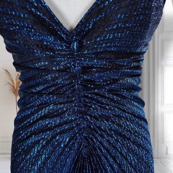 Vintage 80s Blue Metallic Pleated Ruched Disco Midi Dress Spaghetti Size S - Picture 3 of 16